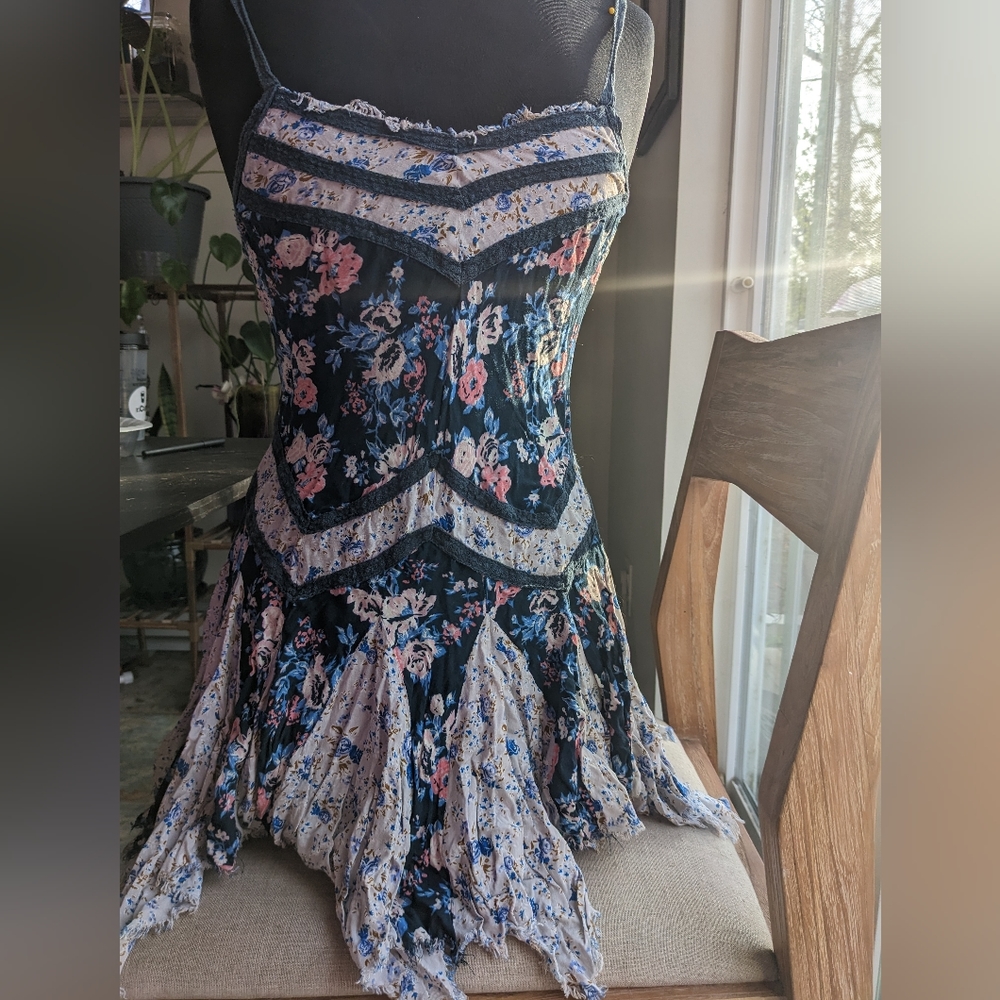 Free People Intimately In and Out Ditsy Blue Floral Print Boho Slip Mini Dress